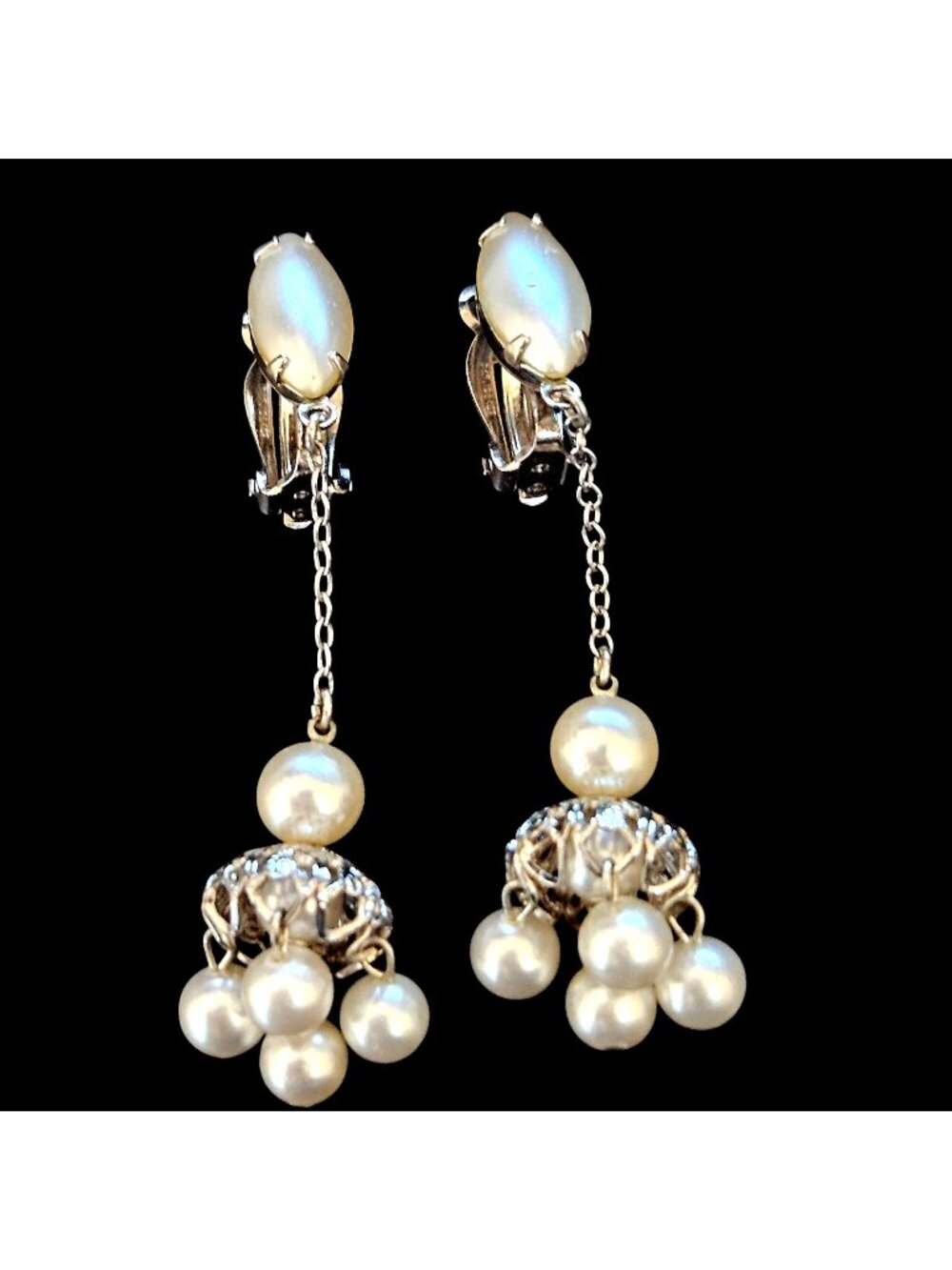Lewis Segal Faux Pearl Cluster Dangle Silver Tone Clip On Vintage 60s Earrings